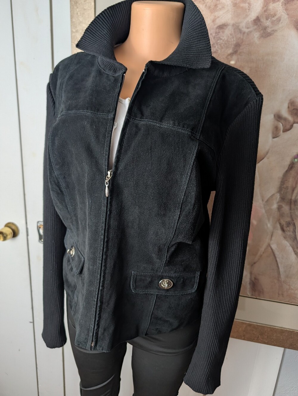Essential By Milano mixed-media jacket black genuine suede And Knit Size L